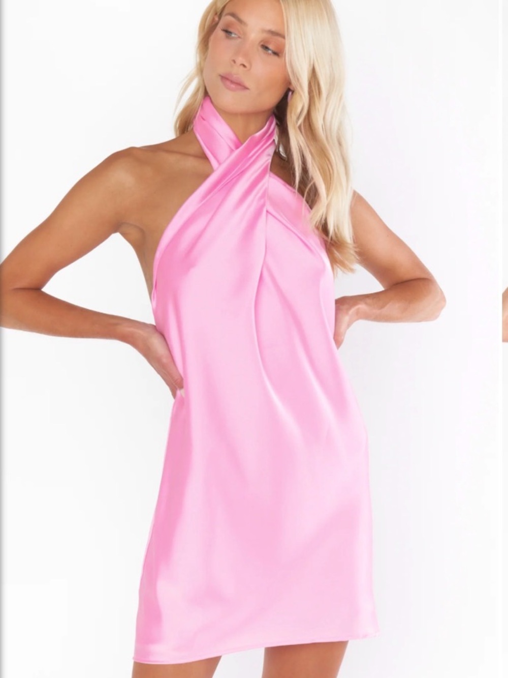 Show Me Your Mumu Jasmine Halter Mini Dress in Pink Luxe Satin Size Large $148 - Picture 1 of 11